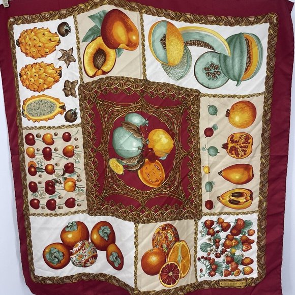 Kieselstein-Cord Accessories - Vintage KIESELSTEIN CORD Silk Scarf Fruit Hand Rolled Unisex Peach Pomegranate